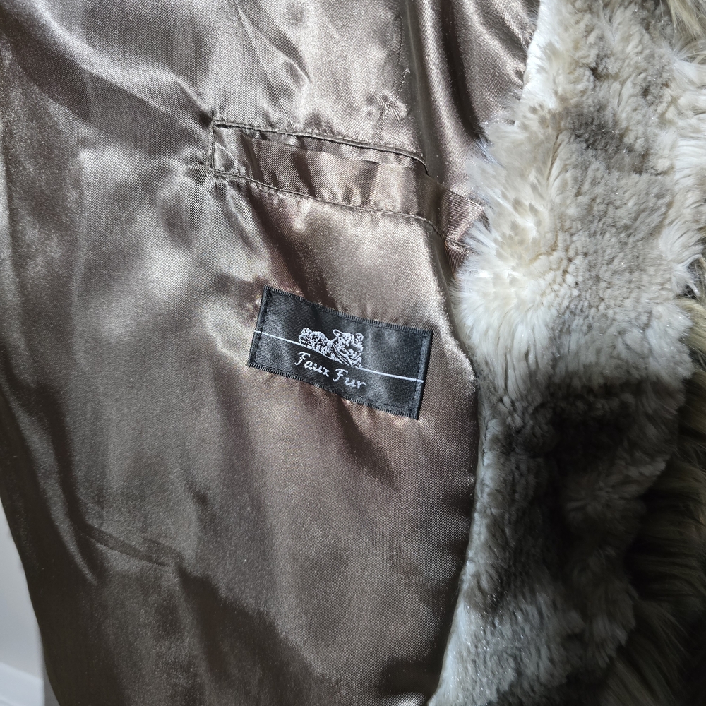 Adrienne Landau Brown & Cream Faux Fur Trim Spotted Kimono Jacket Womens Large - Picture 11 of 15